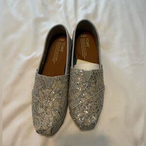 TOMS Shimmering Silver Embroidered Slip-Ons